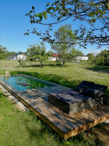 Holzterrasse mit Liegen neben einem kleinen Naturpool in einer grünen Landschaft.